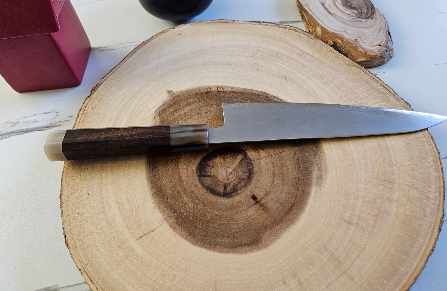 Premium Japanese ZDP189 Steel Chef Knife - 65-67 HRC Hardness, 15° Edge, Desert Ironwood & White Bull Horn Handle - ZAB KNIVES