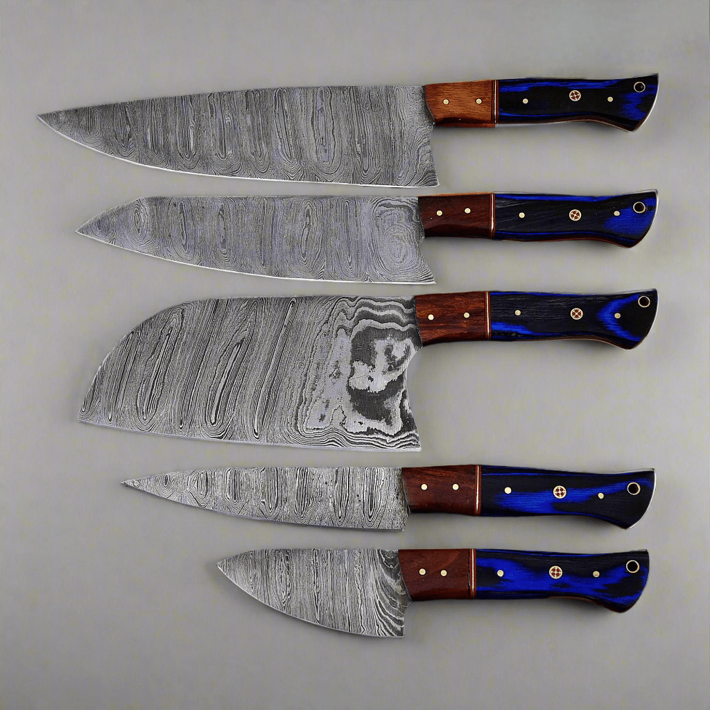 Handforged Damascus Steel Kitchen Chef Knife Set of 5 pcs with Leather Sheath, 5 pieces Culinary Knife Set - ZAB KNIVES