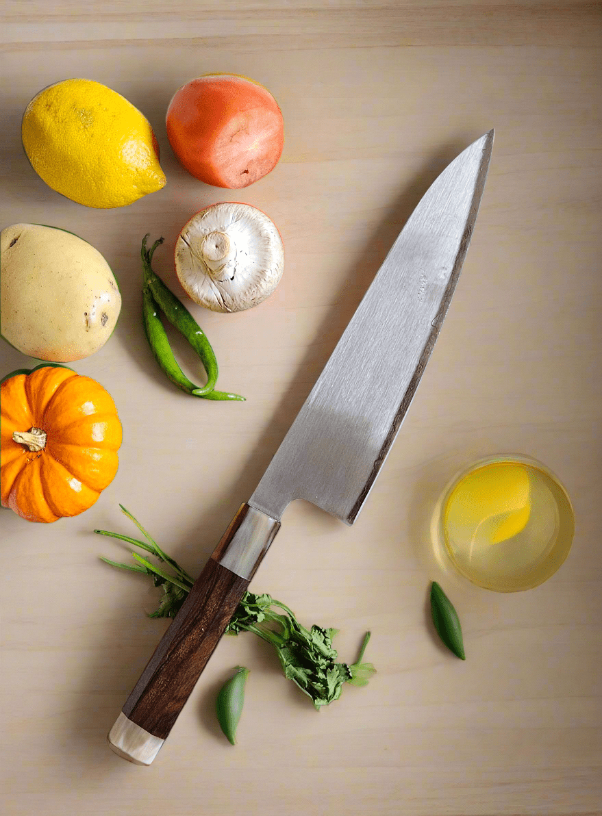 Premium Japanese ZDP189 Steel Chef Knife - 65-67 HRC Hardness, 15° Edge, Desert Ironwood & White Bull Horn Handle - ZAB KNIVES