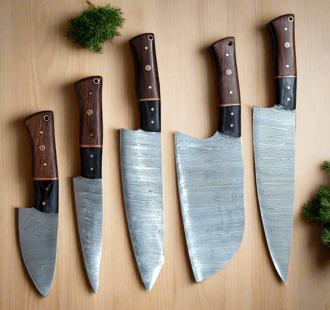 Handforged Damascus Steel Kitchen Chef Knife Set of 5 pcs with Leather Sheath, 5 pieces Culinary Knife Set