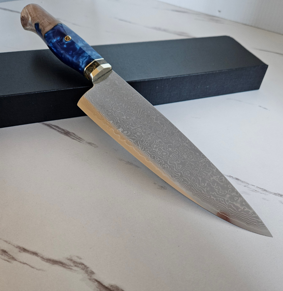 Premium Damascus Steel Chef Knife with Stabilized Maple Burl Handle – Sharp, Durable, and Perfectly Balanced