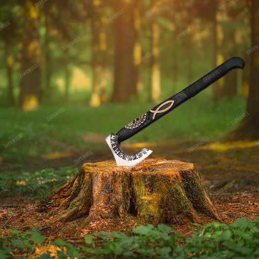 Viking-inspired handcrafted axe with a 27-inch ash wood handle, hand-etched Viking runes, and a high-carbon steel blade. The axe features intricate cultural symbols, including a Vegvísir compass and Ichthus fish carvings, designed for outdoor.