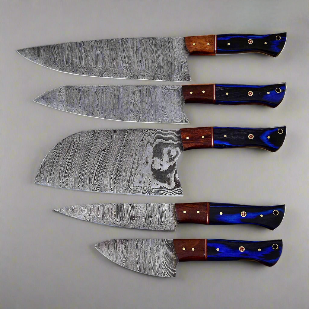 Handforged Damascus Steel Kitchen Chef Knife Set of 5 pcs with Leather Sheath, 5 pieces Culinary Knife Set