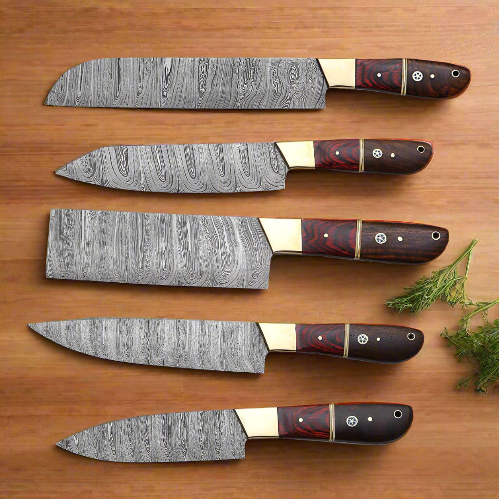 Premium Quality Hand-Forged Damascus Steel Kitchen Chef Knife Set with Ergonomic Wood Handles