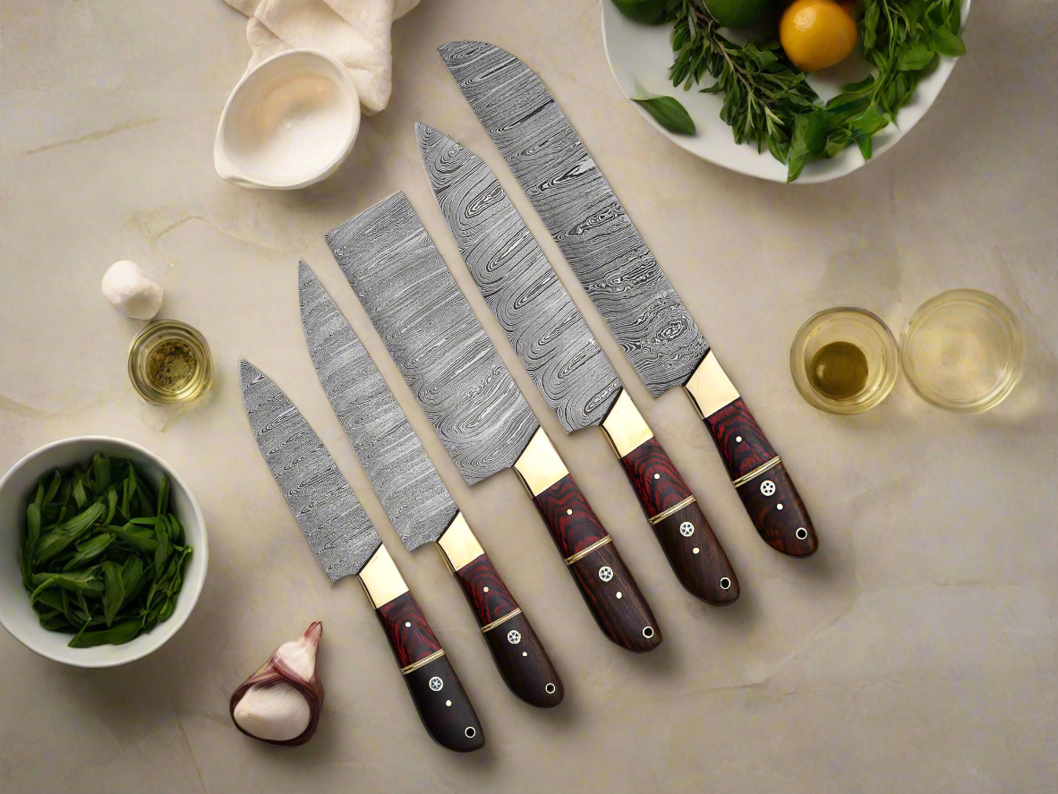 Premium Quality Hand-Forged Damascus Steel Kitchen Chef Knife Set with Ergonomic Wood Handles