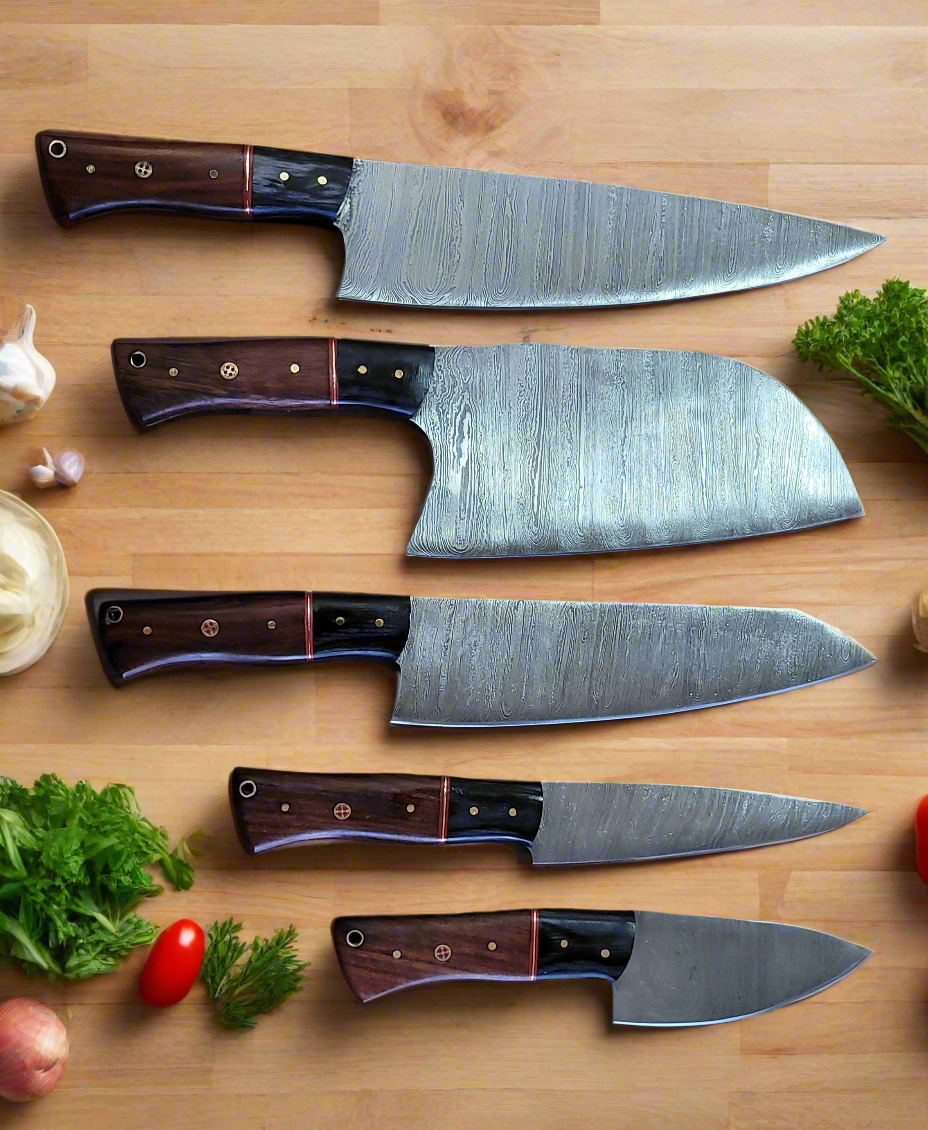 Handforged Damascus Steel Kitchen Chef Knife Set of 5 pcs with Leather Sheath, 5 pieces Culinary Knife Set