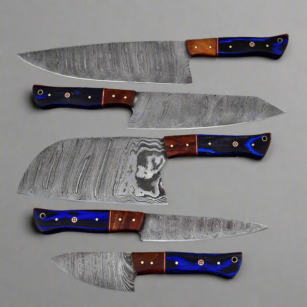 Handforged Damascus Steel Kitchen Chef Knife Set of 5 pcs with Leather Sheath, 5 pieces Culinary Knife Set