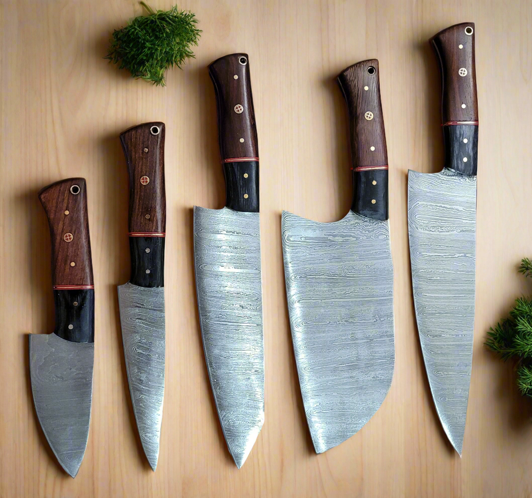 Handforged Damascus Steel Kitchen Chef Knife Set of 5 pcs with Leather Sheath, 5 pieces Culinary Knife Set