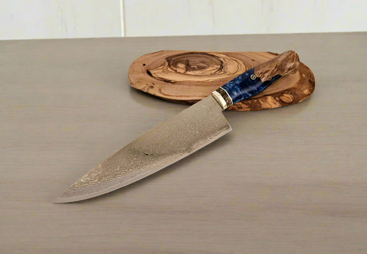 Premium Damascus Steel Chef Knife with Stabilized Maple Burl Handle – Sharp, Durable, and Perfectly Balanced