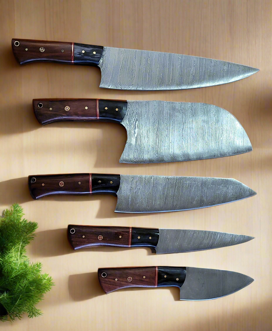 Handforged Damascus Steel Kitchen Chef Knife Set of 5 pcs with Leather Sheath, 5 pieces Culinary Knife Set