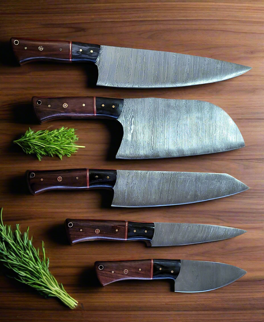 Handforged Damascus Steel Kitchen Chef Knife Set of 5 pcs with Leather Sheath, 5 pieces Culinary Knife Set