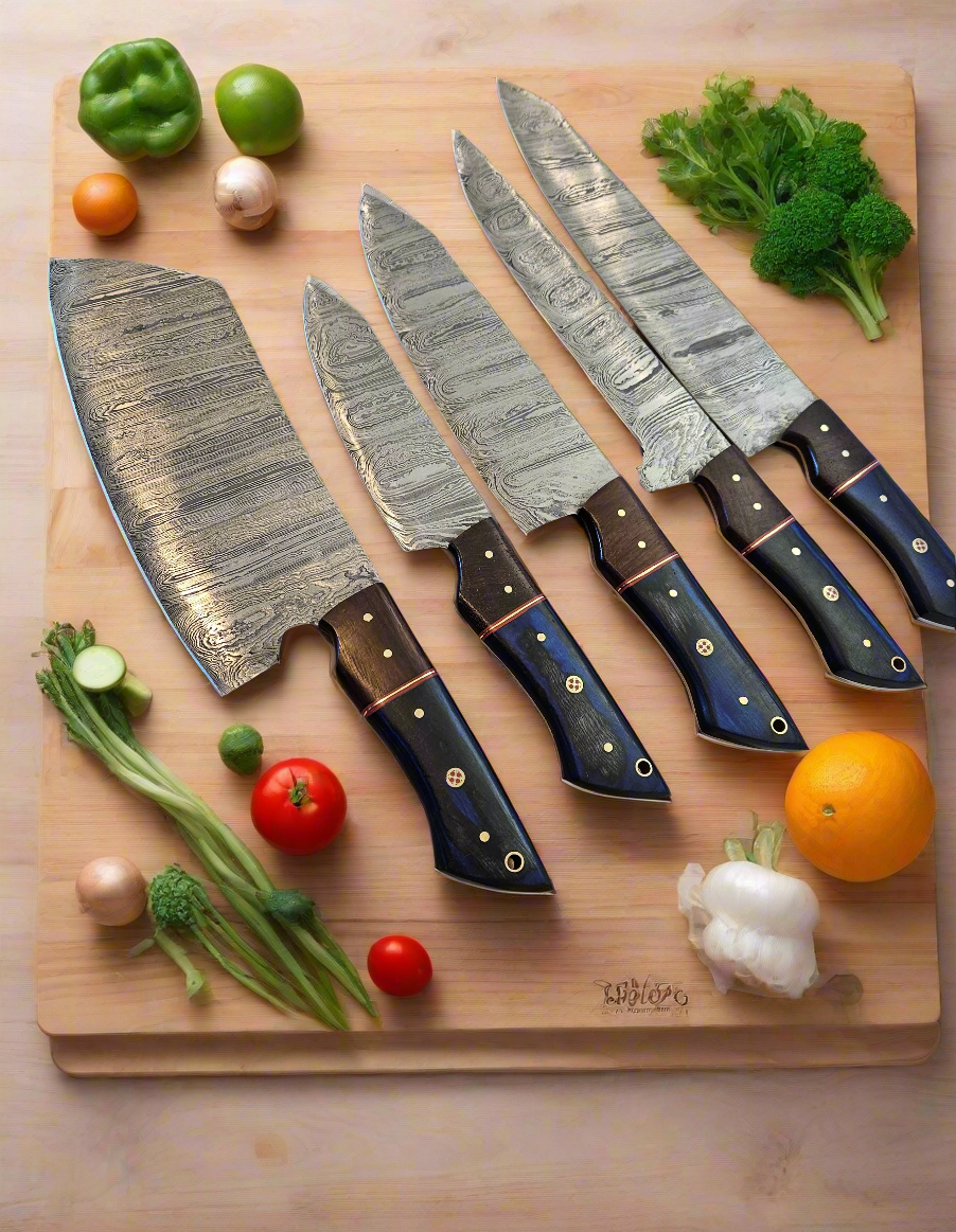 Chef Knife Set of 5 pcs with Leather sheath, 5 pieces Handforged Damascus steel Culinary Knife Set