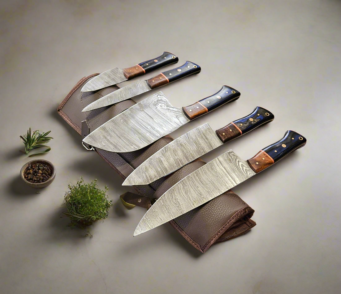 Handforged Damascus Steel Kitchen Chef Knife Set of 5 pcs with Leather Sheath, 5 pieces Culinary Knife Set