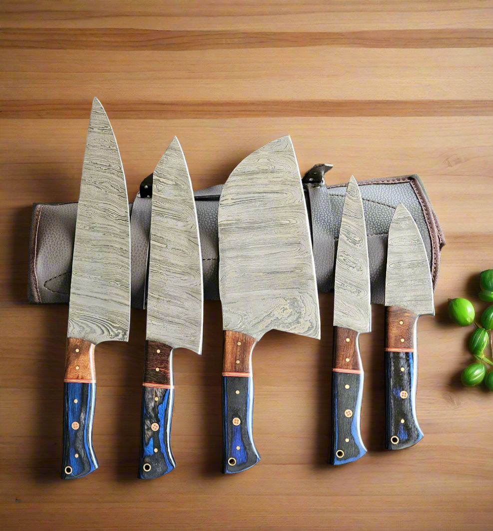 Handforged Damascus Steel Kitchen Chef Knife Set of 5 pcs with Leather Sheath, 5 pieces Culinary Knife Set