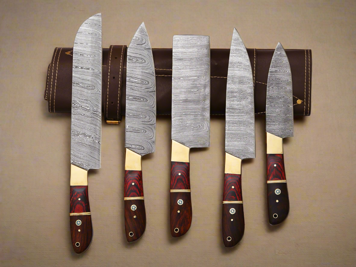 Premium Quality Hand-Forged Damascus Steel Kitchen Chef Knife Set with Ergonomic Wood Handles