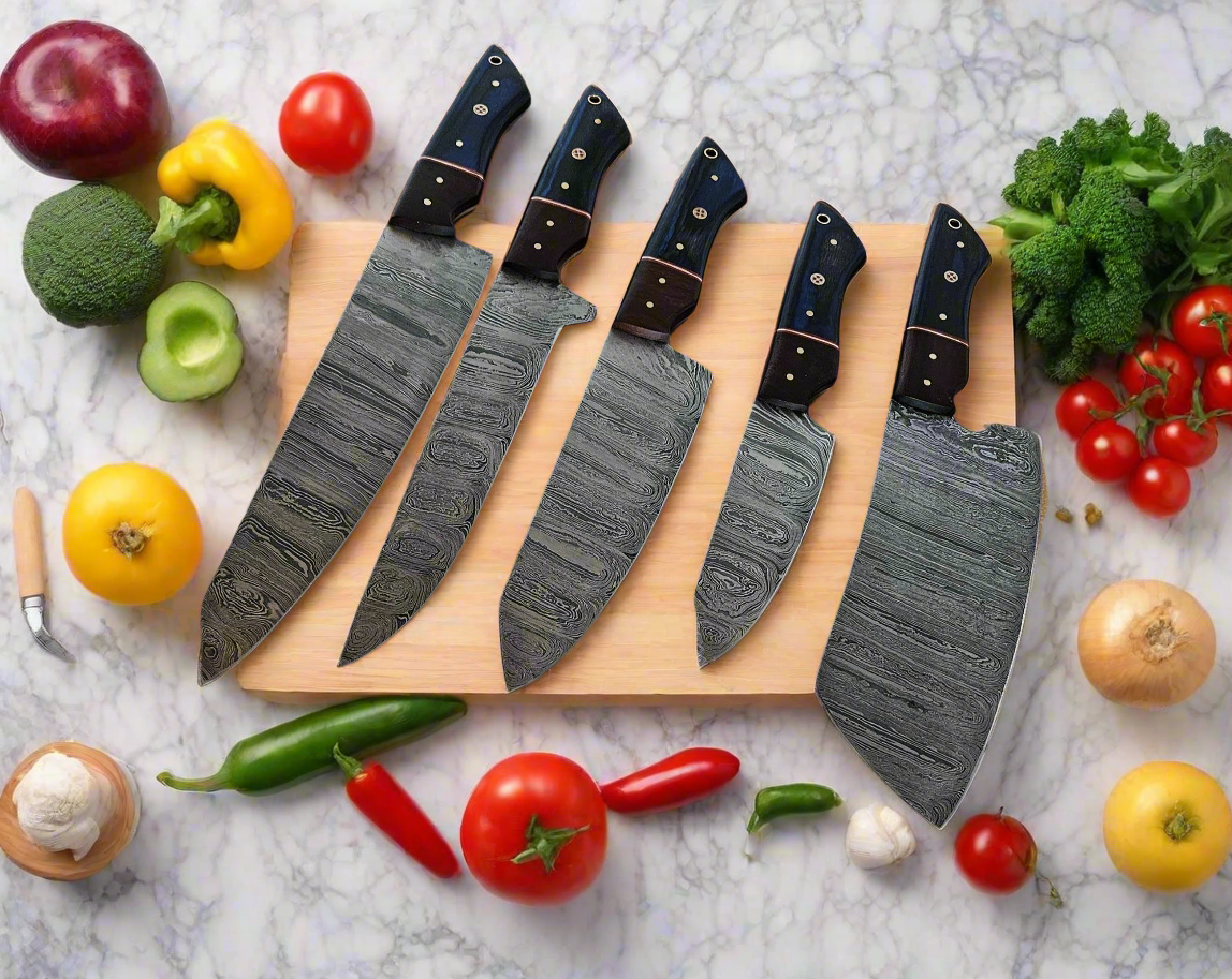 Chef Knife Set of 5 pcs with Leather sheath, 5 pieces Handforged Damascus steel Culinary Knife Set