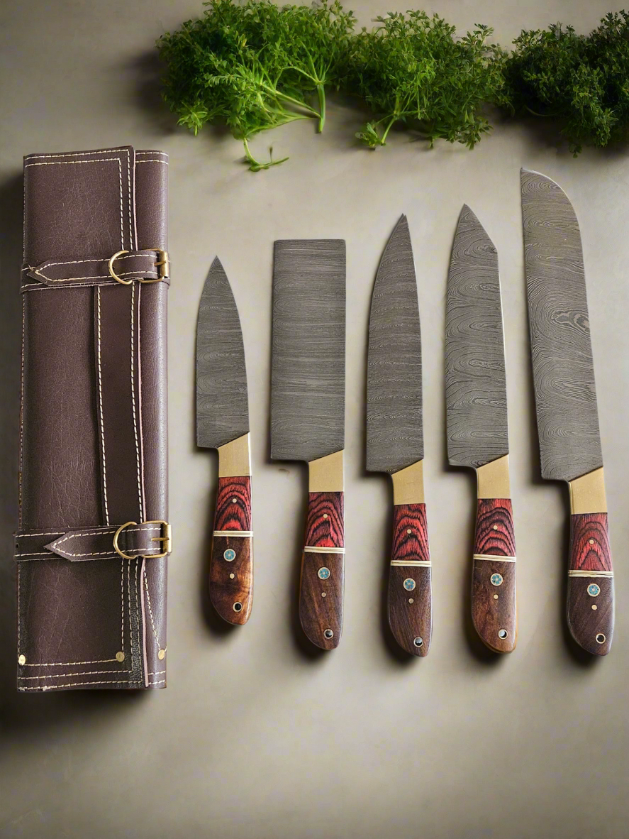 Premium Quality Hand-Forged Damascus Steel Kitchen Chef Knife Set with Ergonomic Wood Handles