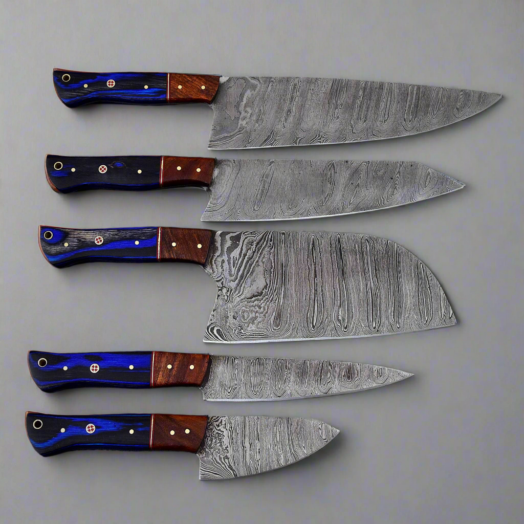 Handforged Damascus Steel Kitchen Chef Knife Set of 5 pcs with Leather Sheath, 5 pieces Culinary Knife Set