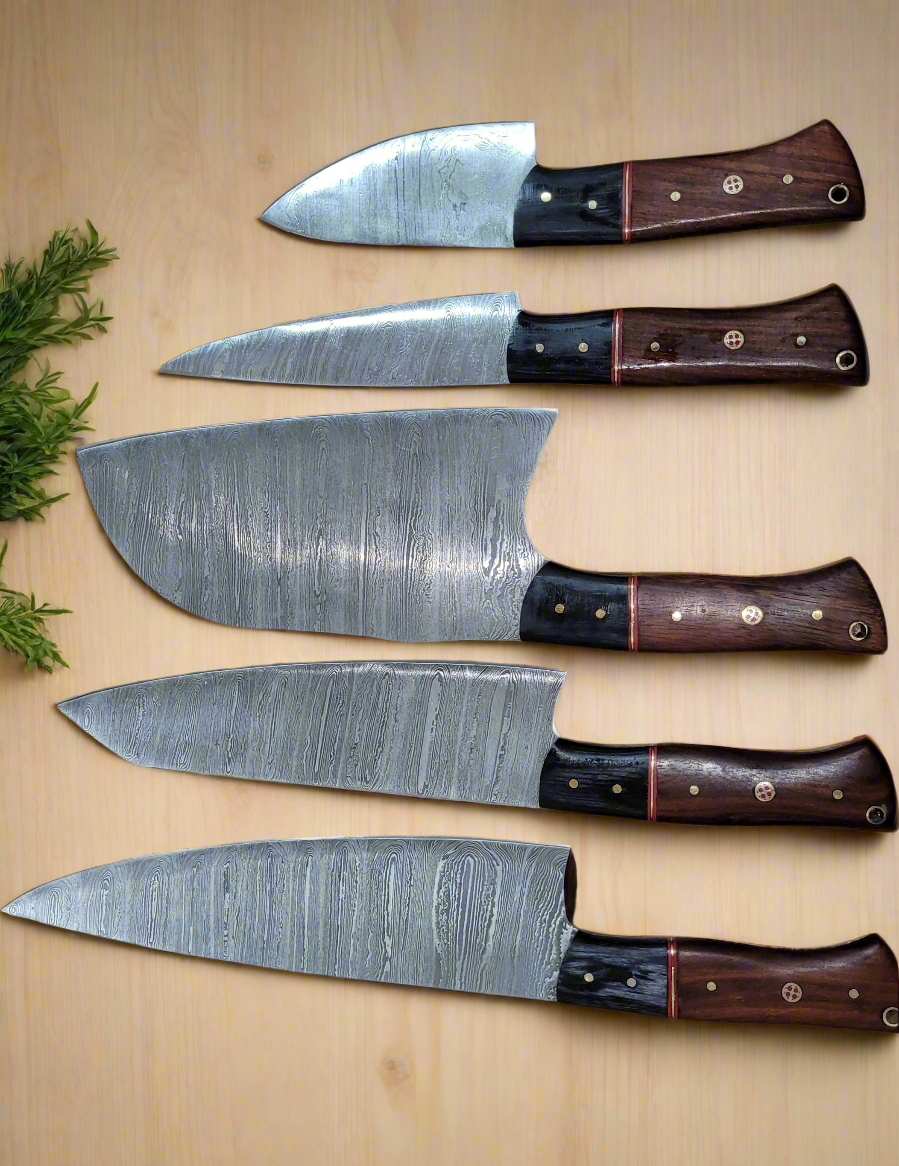 Handforged Damascus Steel Kitchen Chef Knife Set of 5 pcs with Leather Sheath, 5 pieces Culinary Knife Set