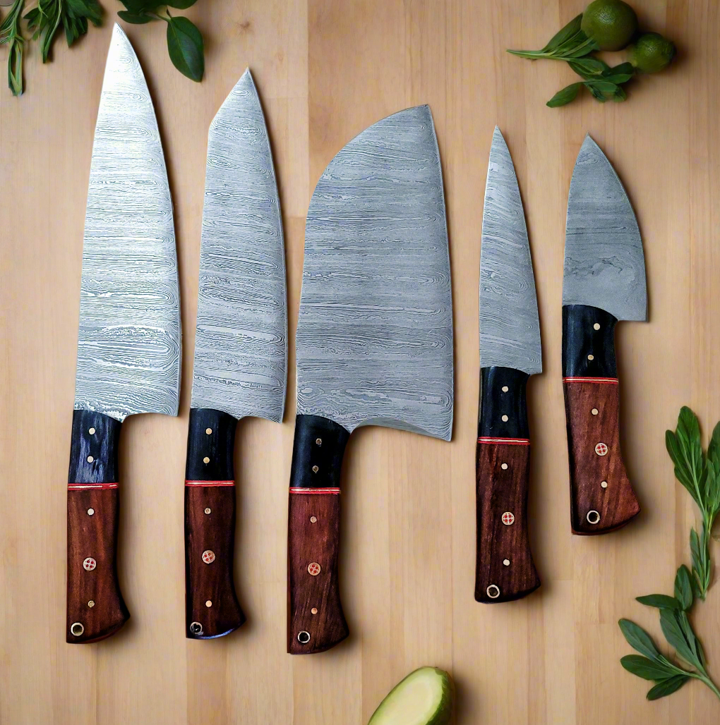 Handforged Damascus Steel Kitchen Chef Knife Set of 5 pcs with Leather Sheath, 5 pieces Culinary Knife Set