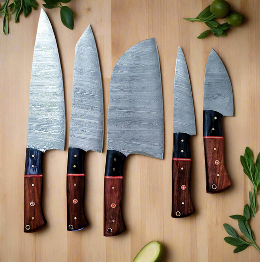 Handforged Damascus Steel Kitchen Chef Knife Set of 5 pcs with Leather Sheath, 5 pieces Culinary Knife Set