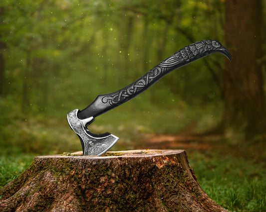 "Handcrafted Viking-inspired axe with a high carbon steel blade and hand-carved ash wood handle, featuring intricate engravings and a complimentary leather sheath."