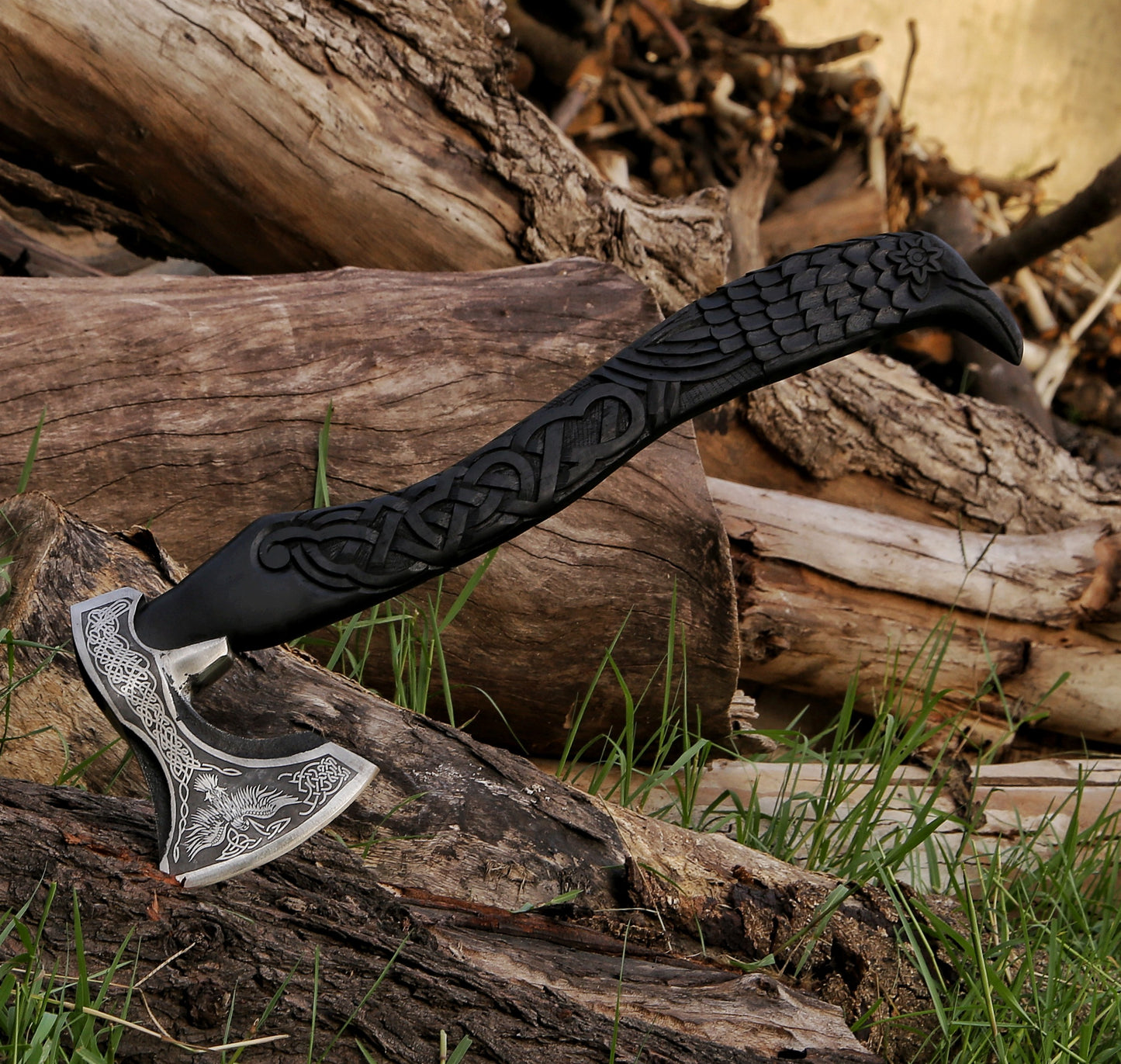 Hand-Forged Viking-Inspired Axe with Carved Wood Handle